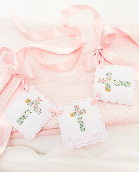 "He is Risen" Floral Cross Banner